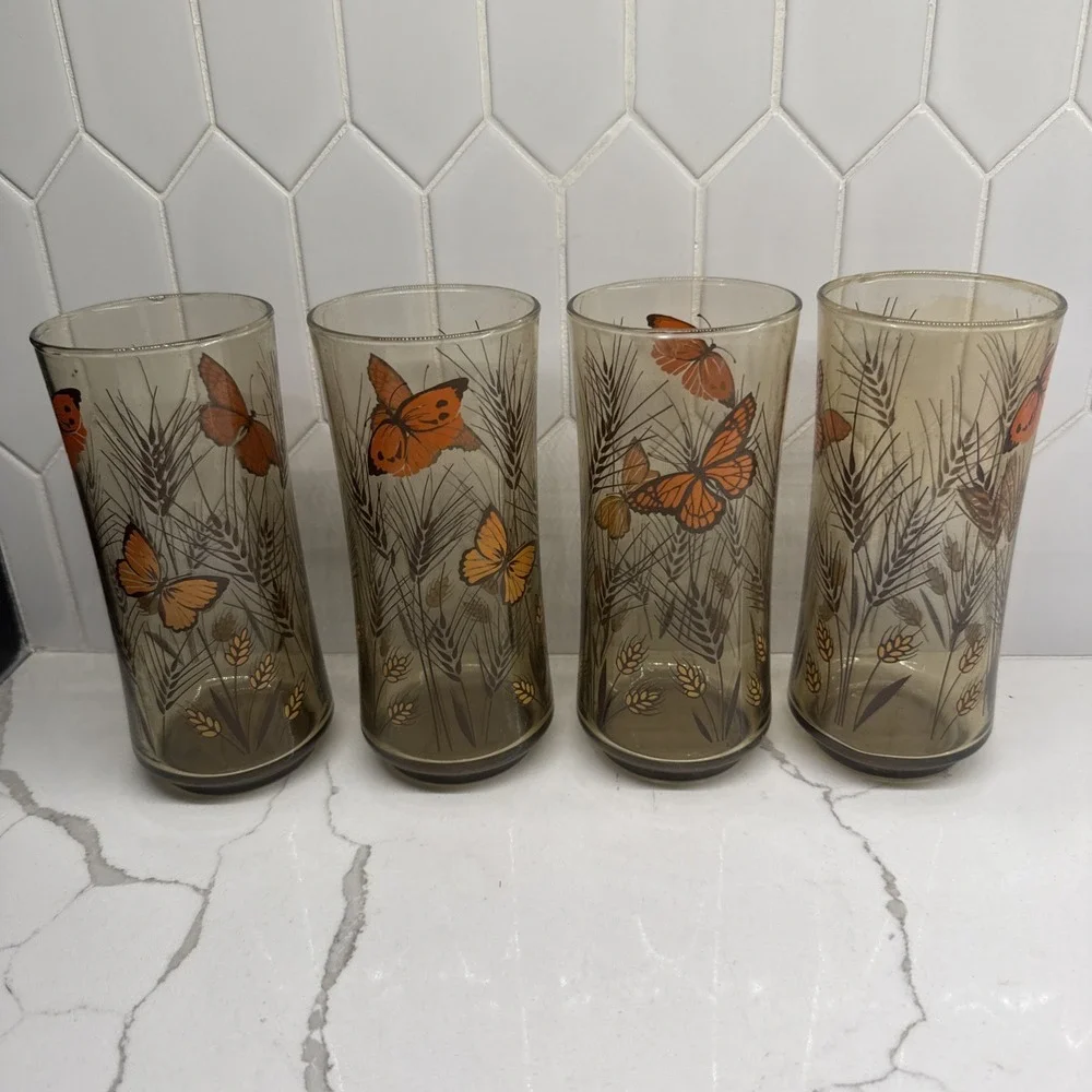 VINTAGE Libbey Amber Monarch Butterfly & Wheat Tumbler Glasses Set of 4